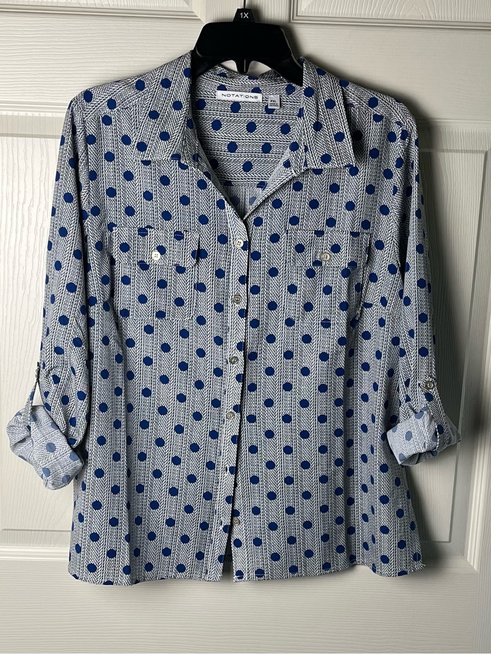 Notations White Shirt with Blue Polka Dots